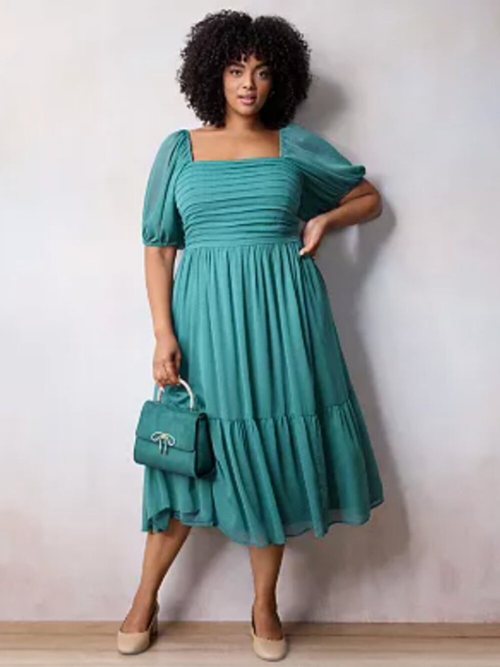 LC Lauren Conrad Teal Squareneck Pleated Bodice Midi Dress, Size XL, Cottagecore
